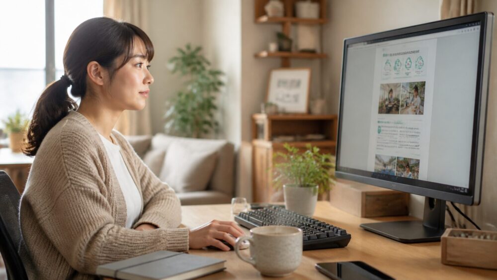 女性Webライターがデスクで記事をスクロールしながら読んでいる様子。画面には図解と写真が交互に並ぶ視覚リズムが薄っすら映る、自然光の入る集中環境