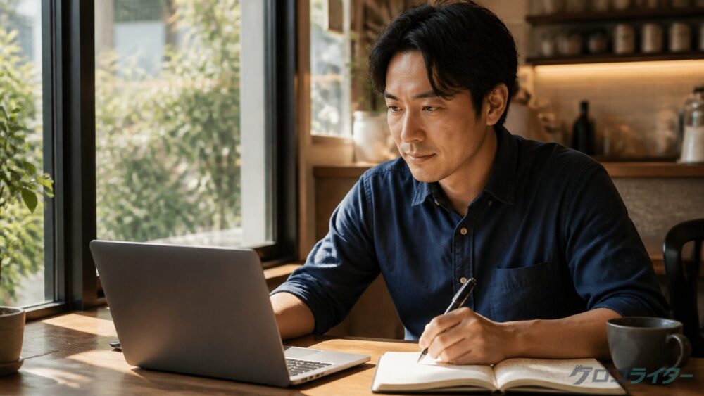 カフェでAI生成の下書きを編集しているWebライター