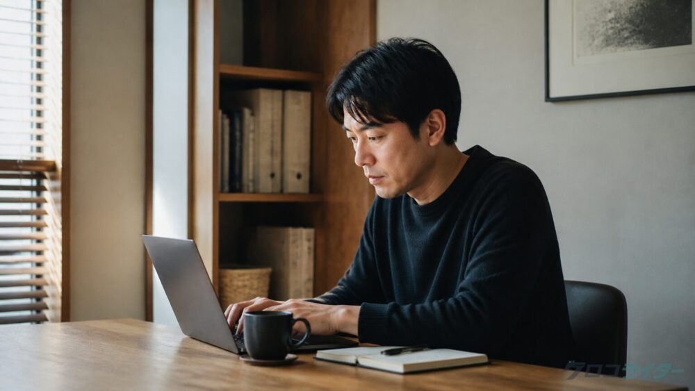 デスクで作業する個人ブロガーと、複数人でミーティングする企業メディアチームの対比写真