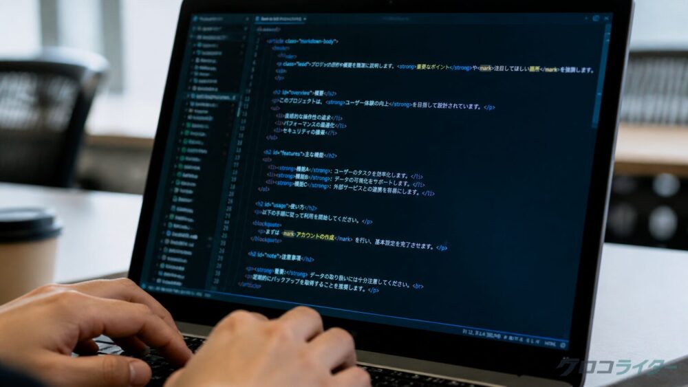 スクリーンを正面から捉えたショット。HTMLコードと装飾済み記事プレビューが画面に表示されたイメージ