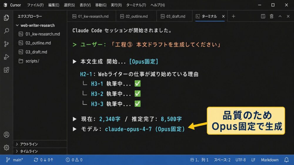 Opusで本文ドラフトを生成中のCursorターミナル風画面