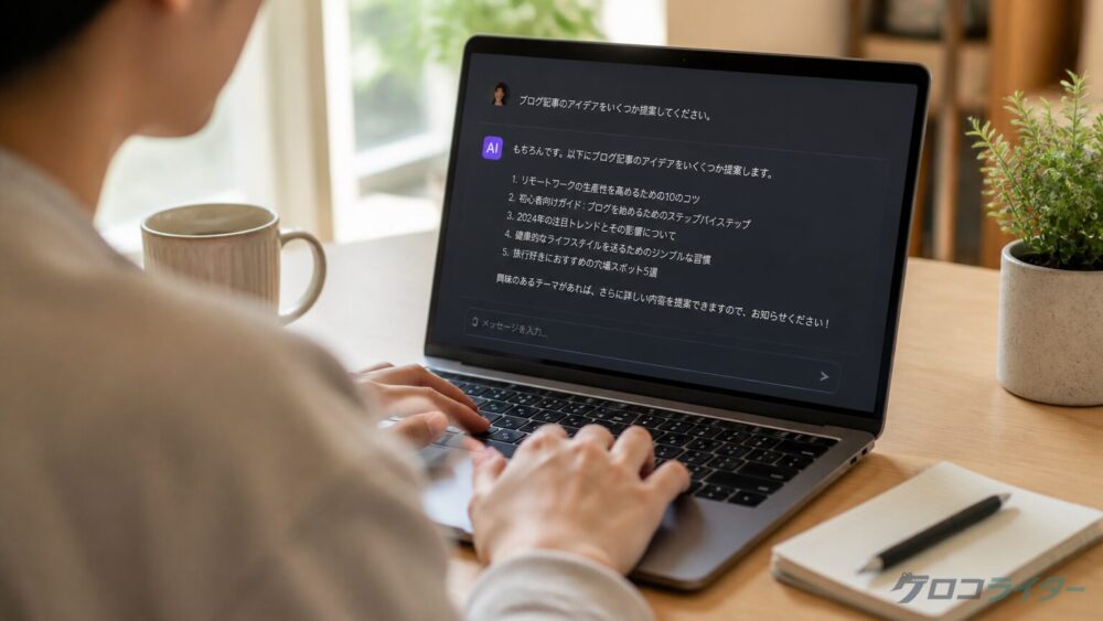 ChatGPTを仕事で使う作業シーン(PCで会話する手元)