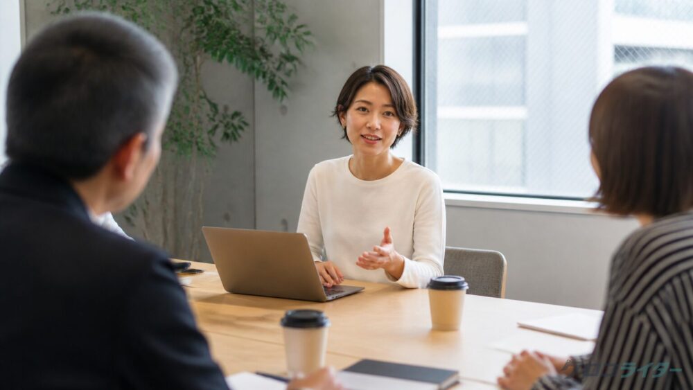 チーム運用でセキュリティと権限設計を話し合う企業メディア担当者の女性