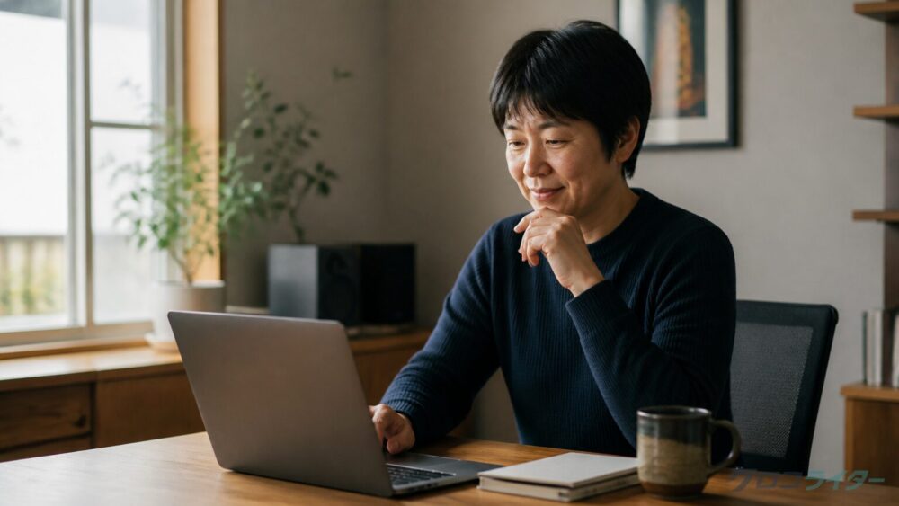 ホームオフィスで執筆作業に集中するWebライターの男性