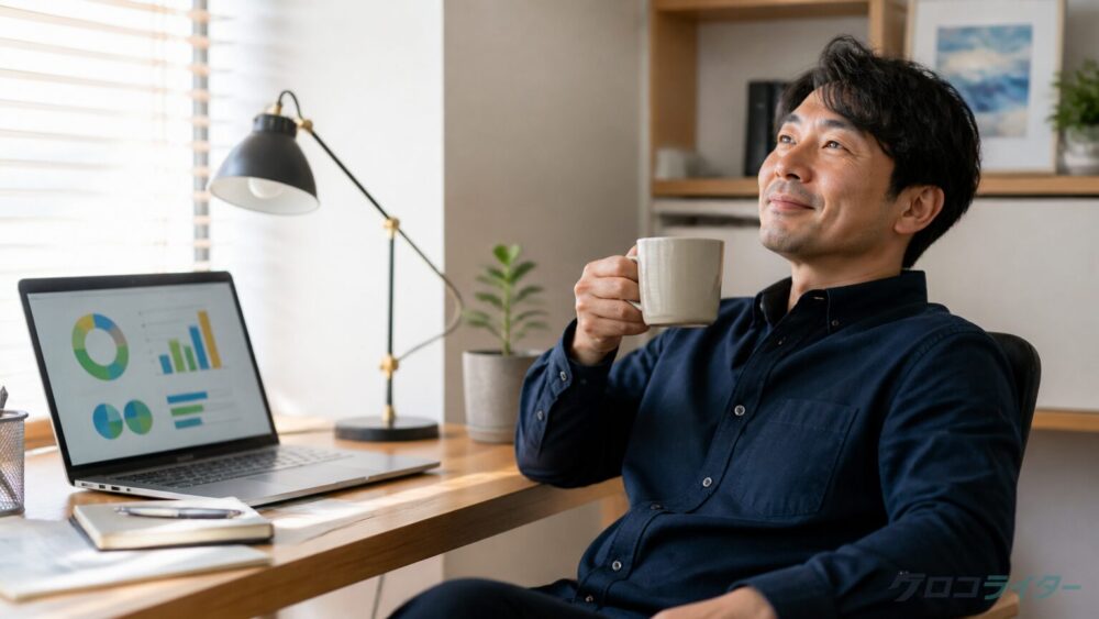 図解が完成して記事を仕上げ満足げにコーヒーを片手に一息つく30代男性Webライター