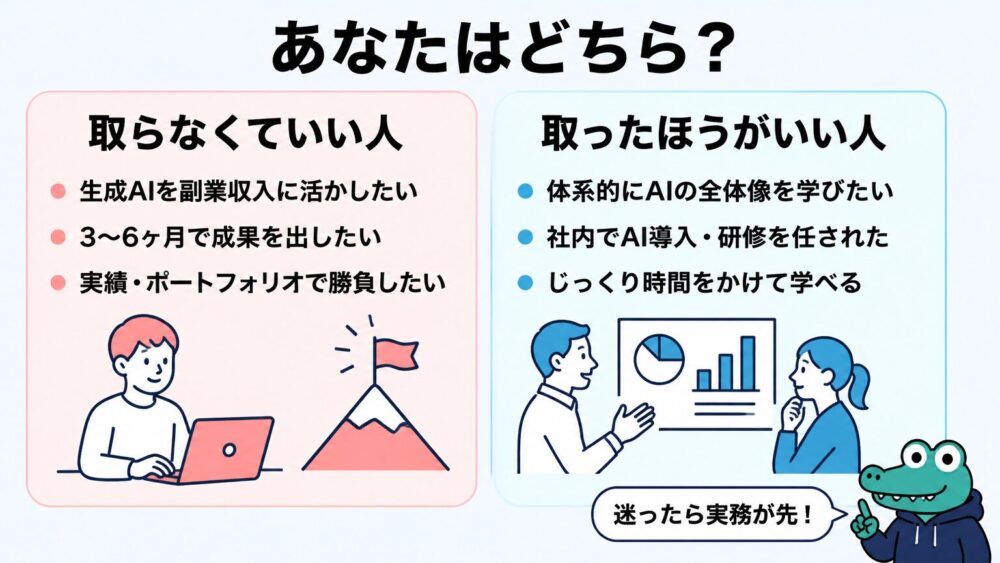 生成AI資格を取るべき人・取らなくていい人を左右2分割で比較した図解