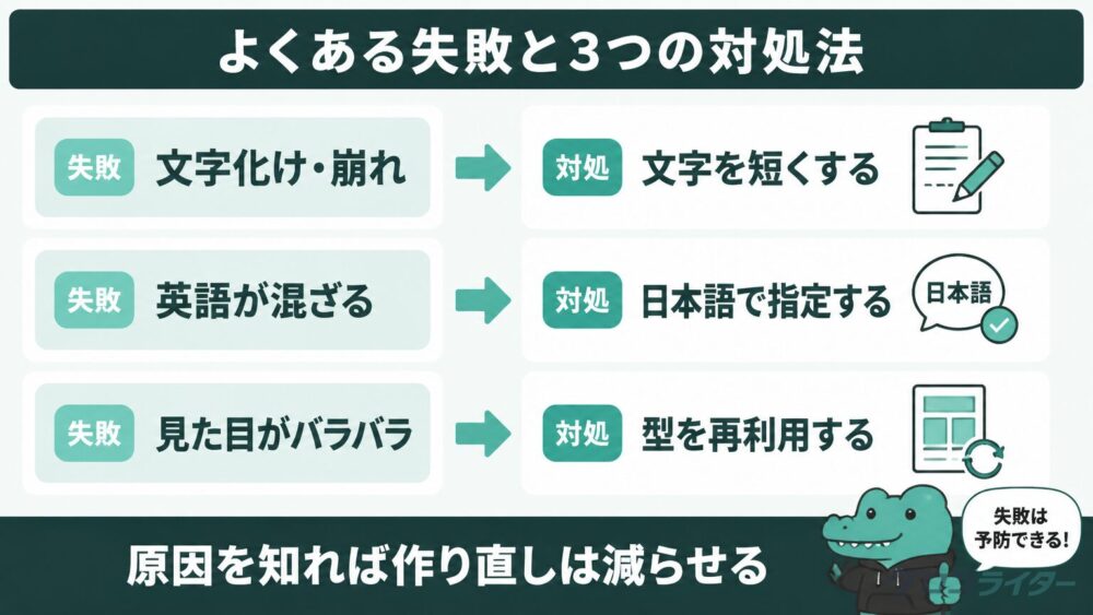 図解プロンプトの文字化け・英語混入・見た目のばらつきという失敗と対処法を矢印で示した図解