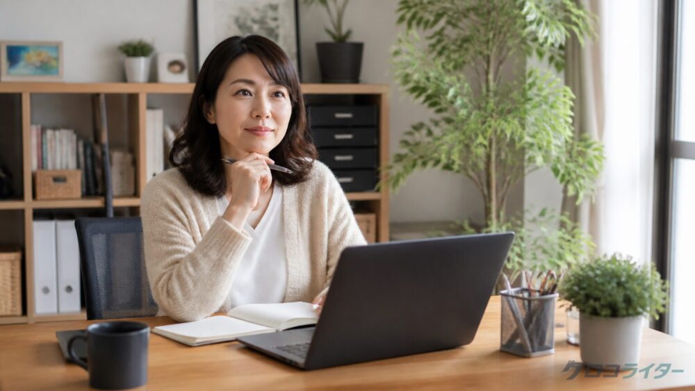 ホームオフィスのデスクでうまくいかなかった図解を見て修正しようとする30代女性のワークスペース全体