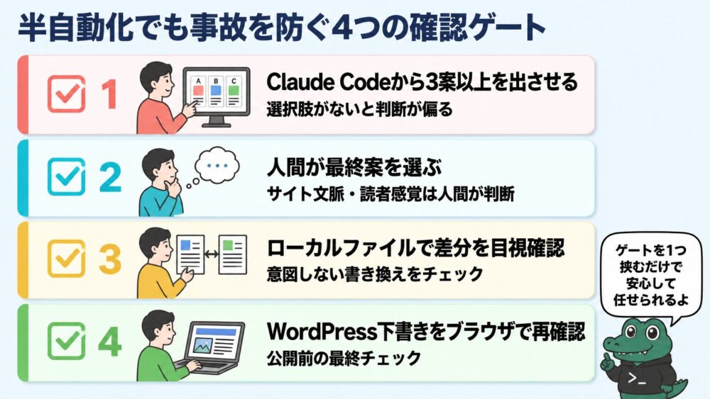 半自動化でも事故を防ぐ4つの確認ポイント（3案以上出力・人間が選ぶ・差分目視・ブラウザ再確認）を縦チェックリスト形式で示した図解。