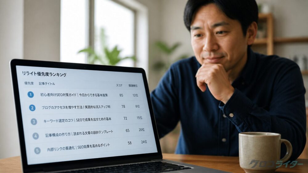Claude Codeが出したリライト候補ランキングを画面で確認する男性の写真