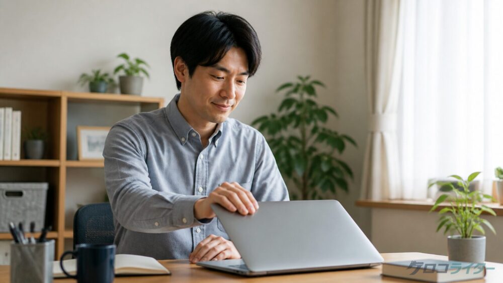 改善結果を確認して満足げにPC作業を終える男性の写真