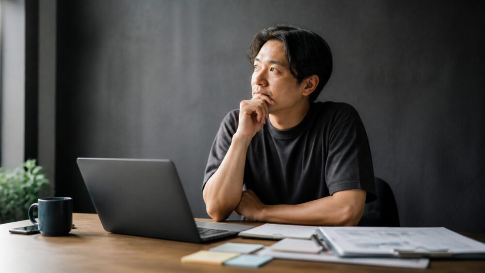 男性30代がデスクでパソコンに向かいながら真剣に考えている写真風画像
