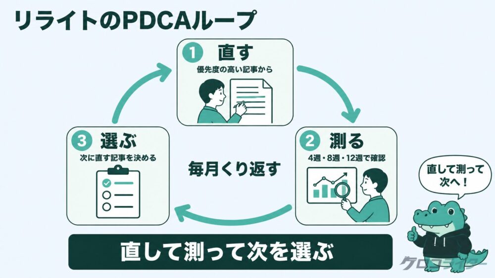 リライトの『直す・測る・選ぶ』PDCAループを示した図解