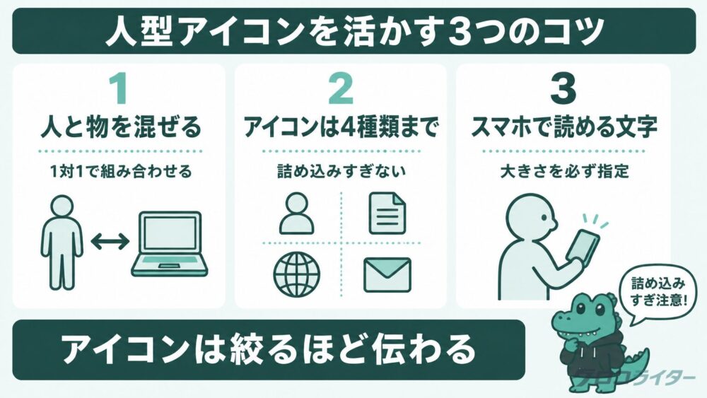 人型アイコンと物を混ぜる・アイコンは4種類まで・スマホで読める文字サイズという3つのコツをまとめた図解