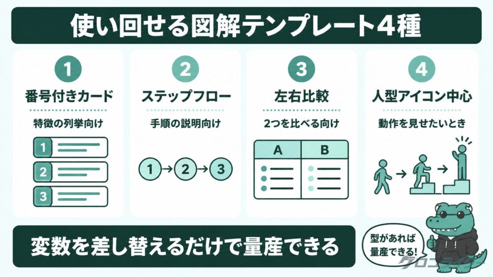 番号付きカード・ステップフロー・左右比較・人型アイコン中心の図解テンプレート4種をまとめた図解