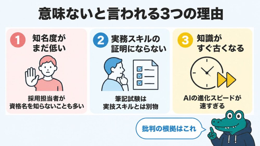 生成AI資格が意味ないと言われる3つの理由を示した番号付きカード図解