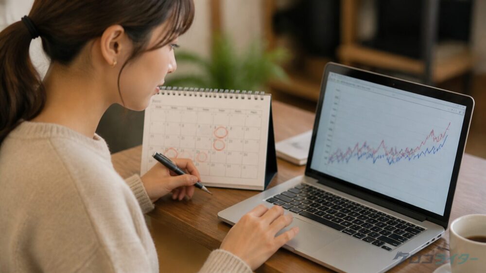 リライト後の順位とCTRの変化をカレンダーと一緒に確認する女性の写真