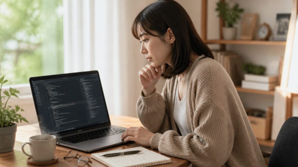 Cursorエディタを見つめるWebライター