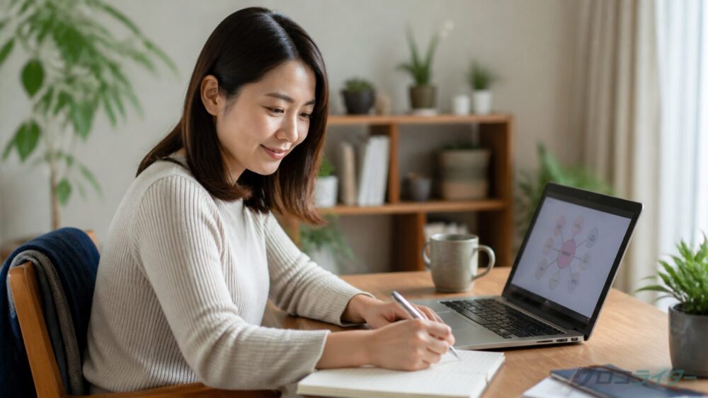 自宅デスクでノートパソコンに向かい図解を表示しながら記事を書く30代女性Webライター