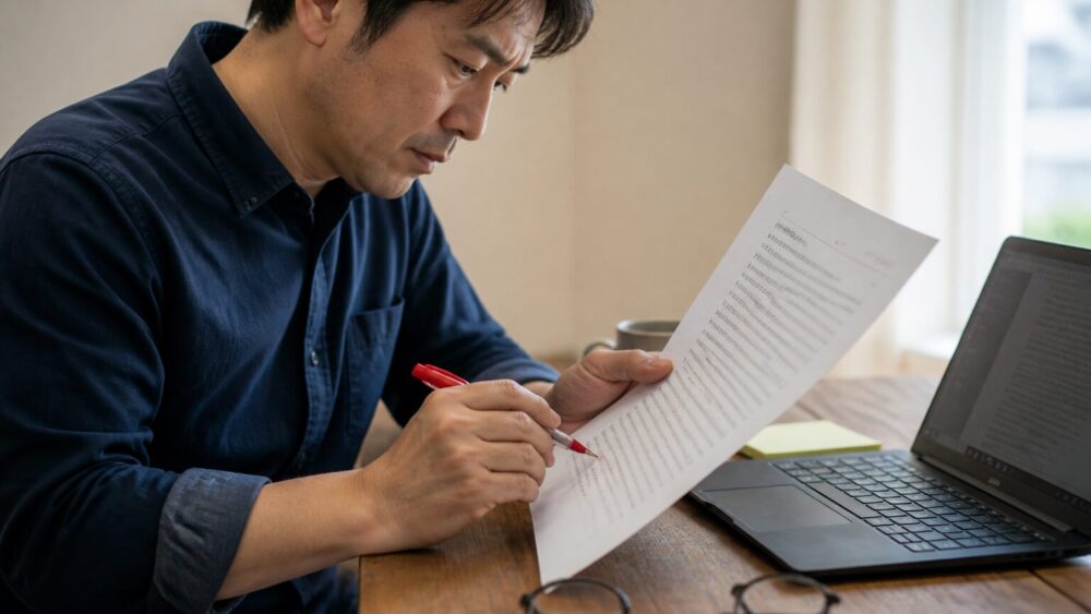 原稿を赤ペンで校正するWebライターの手元