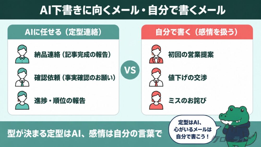 AI下書きに向くメールと自分で書くメールを左右で比較した図解
