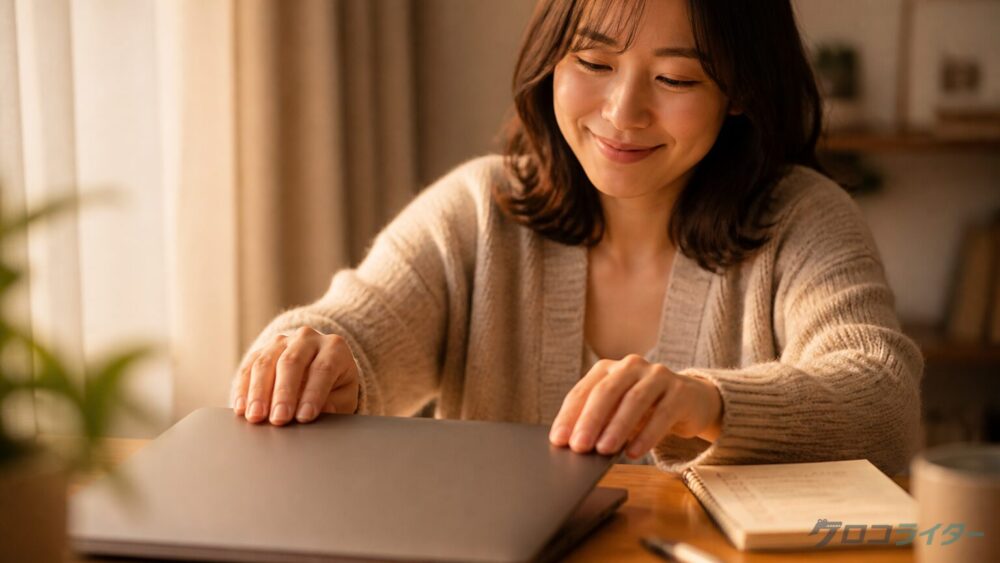 夕方の自宅デスクでノートパソコンを閉じ副業タスクを終えてほっとした表情の30代女性の写真。完了チェックリストのノートが隣に置かれている