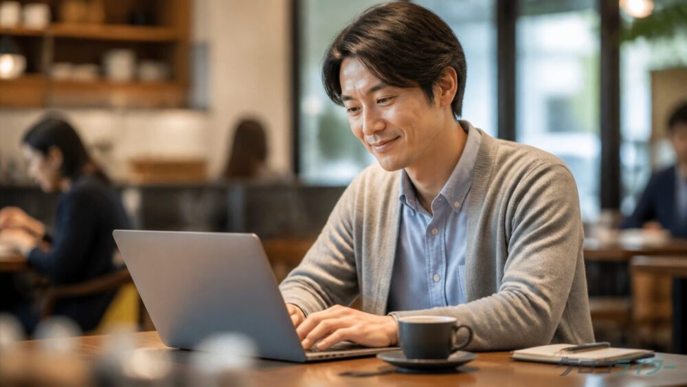 メール業務を自動化しカフェで執筆に集中する男性Webライターの写真