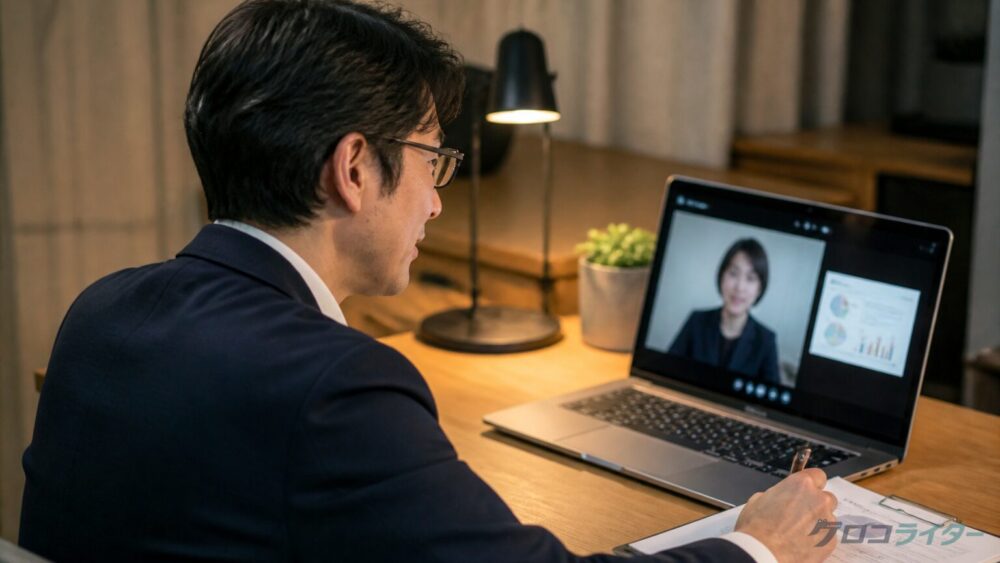夜にオンライン打ち合わせをしながらノートにメモを取る30代男性の写真。画面にはビデオ通話の様子が映っている