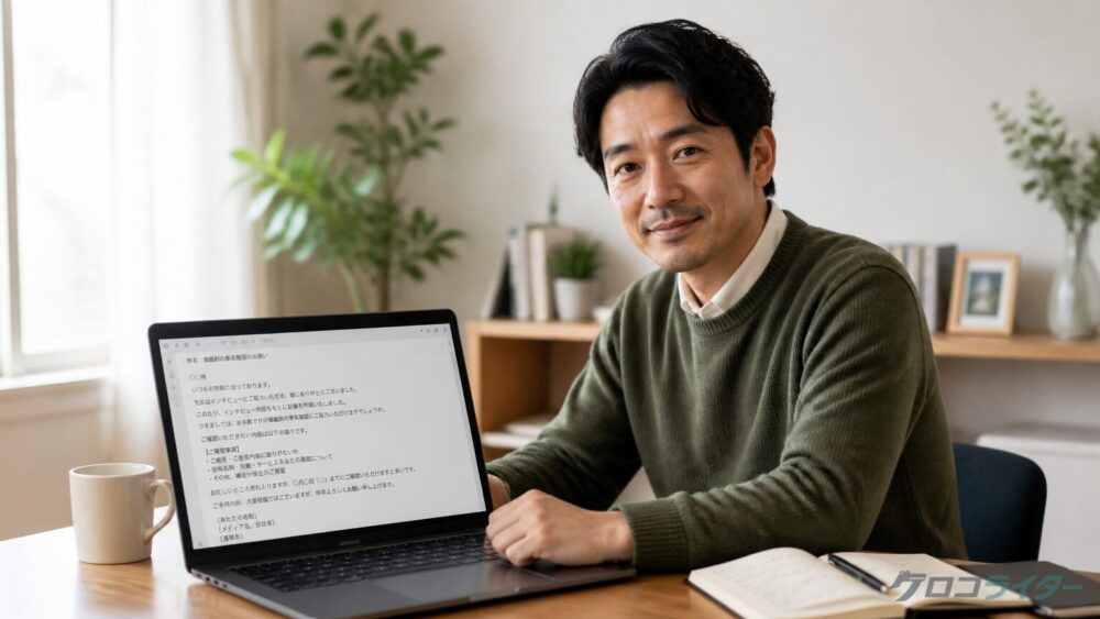 インタビュー後の確認依頼メールを自動下書きで確認する男性ライターの写真