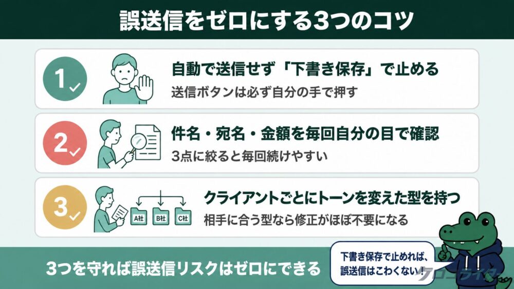 誤送信をゼロにする3つのコツをチェックリストで示した図解