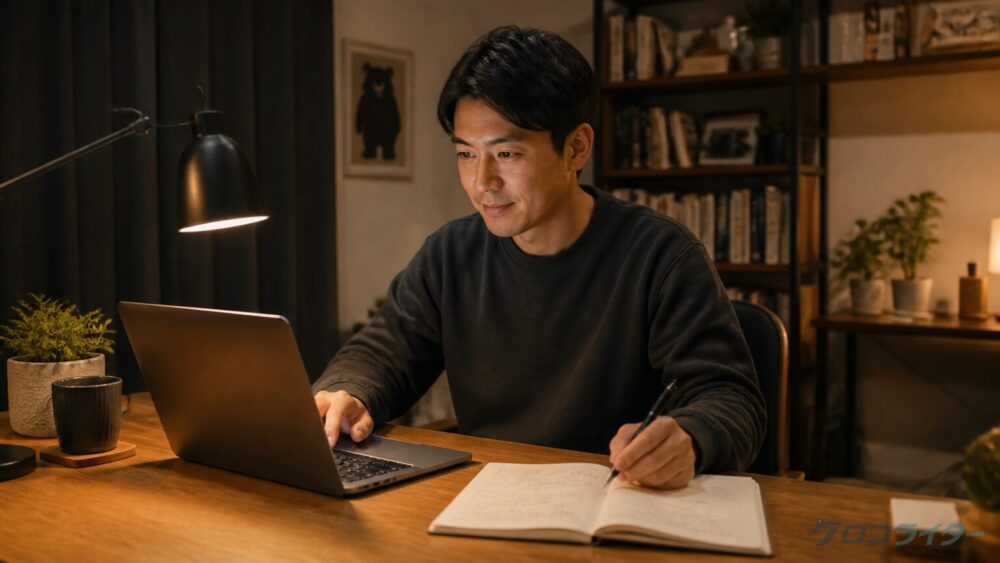 夜の自宅デスクでAIチャットの出力を確認しながら手書きノートにスキルメモを書く30代男性の写真